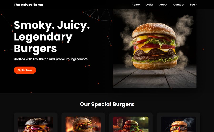 The Velvet Flame — burger restaurant website homepage
